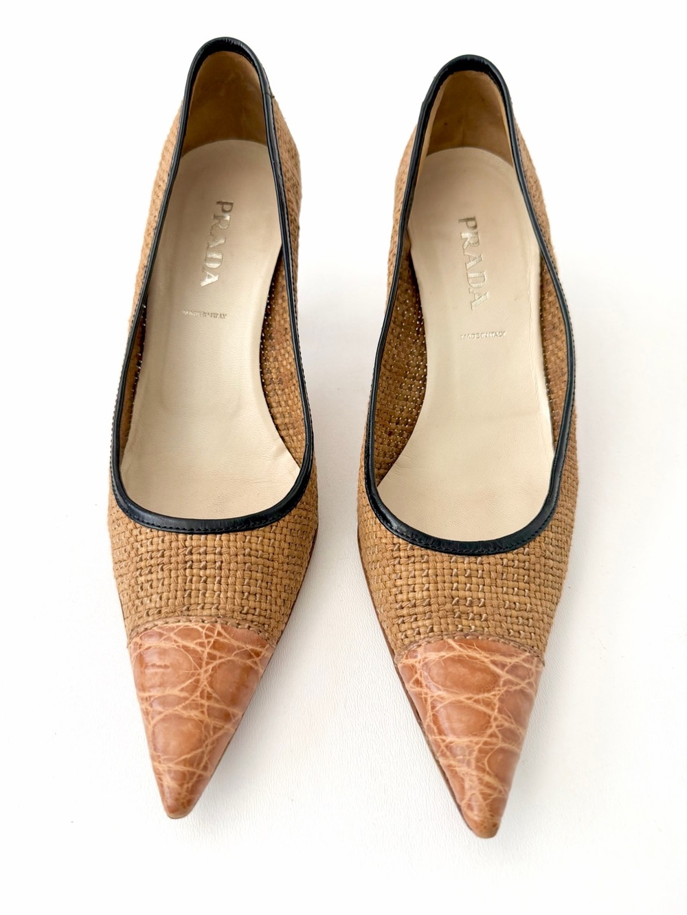 PRADA | Vintage Raffia Woven Leather Tan Pointed Toe Kitten Heel Pumps EU 37 - Picture 3 of 14